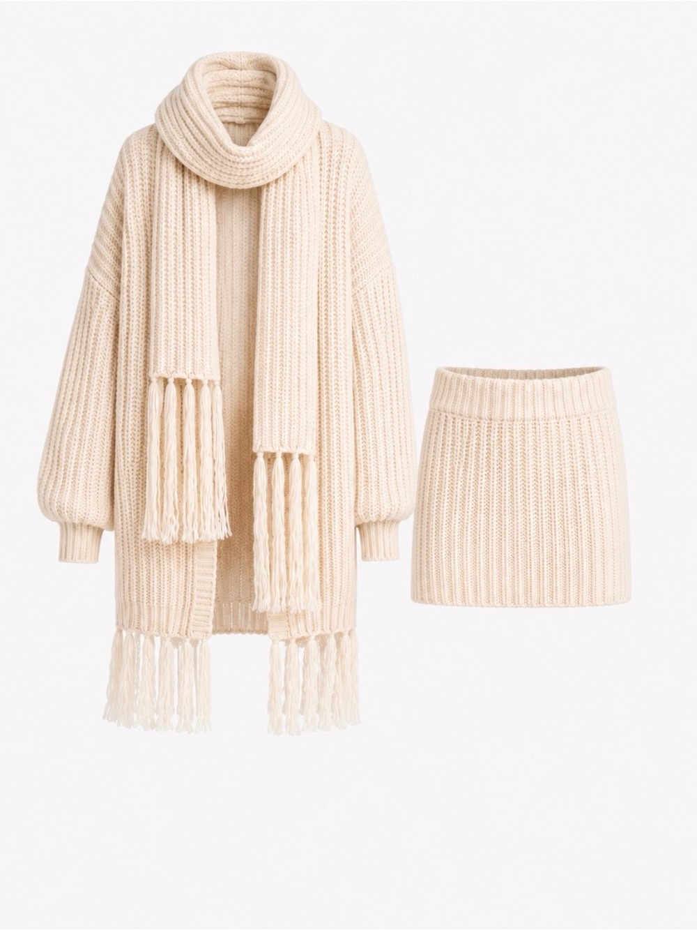 Chunky Cream Rib-Knit Cardigan with Matching Scarf and Skirt